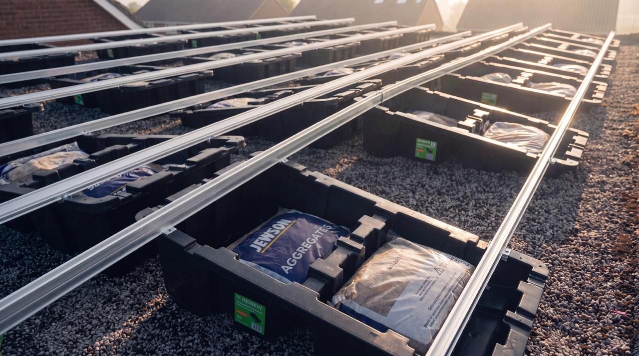 Rows of Fast Tub units loaded with ballast bags and connected by aluminium rails on a gravel flat roof at sunrise, before panels are fitted